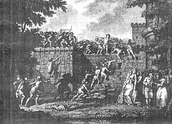 Richard Cœur de Lion, assaut donné par les troupes de Marguerite à l'acte III. Gravure de Claude Bornet (1786). Bibliothèque nationale de France, département Musique.
