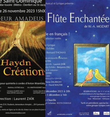 Concerts Paris : 26/11 Haydn la Création par le Choeur Amadeus - 2 et 3/12 La Flûte enchantée par le Groupe Lyrique et l'Orchestre Bernard Thomas